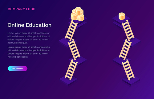 Online education or success ladder isometric concept vector illustration. Multilevel bases with gold coins at top and wooden stairs on violet background, landing web site page for educational training