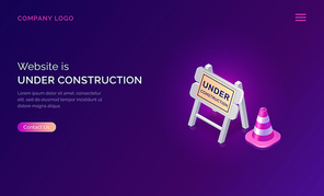 Website under construction, maintenance work or error page isometric concept vector illustration. Traffic cone and warning road traffic sign, purple ultraviolet web page banner