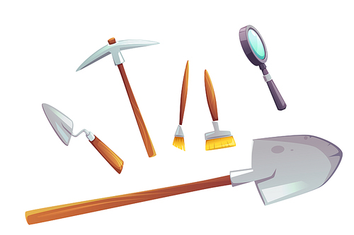 Excavation tools set of cartoon vector illustrations. Collection of archaeological work instruments, shovel, trowel, pick, magnifier and brushes isolated on white 