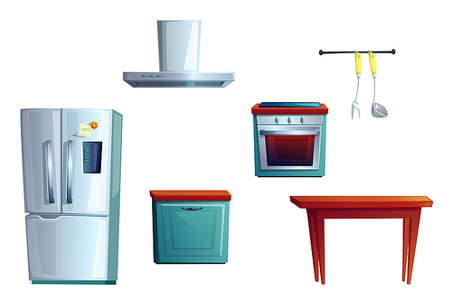 Kitchen furniture, elements set for interior creating, cartoon vector illustration. Modern refrigerators with electronic display, metal handles, magnet and note, dining table, oven and cooking hob