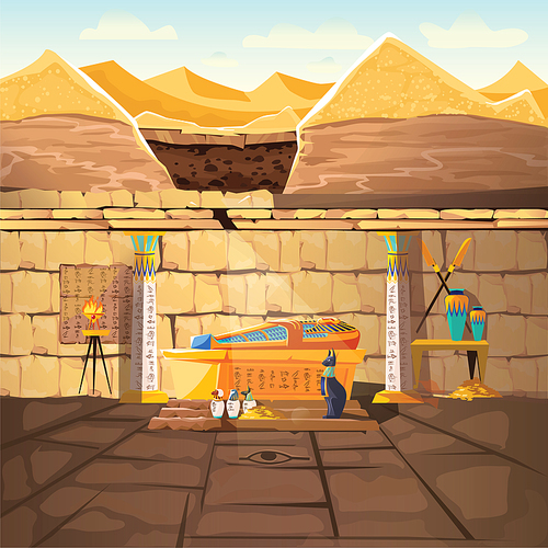 Ancient Egypt pharaoh lost tomb, underground cartoon vector illustration. Archeological excavations, treasures hunting concept. Desert, dug sand and sunbeam in crypt with sarcophagus and gold coins