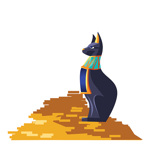 ancient egypt goddess cat vector cartoon illustration. egyptian culture symbol, black statue of the goddess bastet, sacred animal with a bunch of gold coins isolated on white