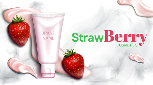 Strawberry cosmetics bottle mockup banner, natural beauty product on marble background with pink cream smear brush strokes. Skin care cosmetic cream tube packaging design top view Realistic 3d vector