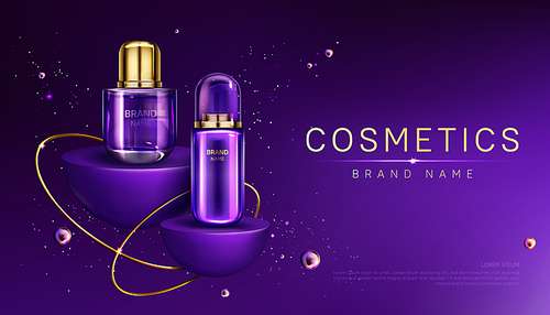 Cosmetics bottles on podium mock up banner, beauty skin care cosmetic tubes on hemisphere shape stages, product ad presentation on showroom platform with gold pearls and copy space Realistic 3d vector