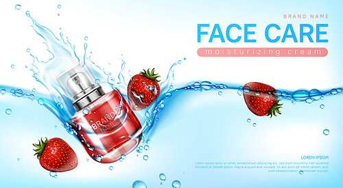 Face cream in glass jar in water splash with strawberries. Vector realistic brand poster with moisturizing skin care gel or makeup cosmetics in red bottle. Promo banner, advertising background