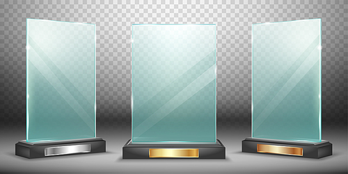glass trophy or winner award realistic vector illustration. transparent crystal or acrylic  on black pedestal with gold silver and bronze plate, isolared side and front view with light and shadow