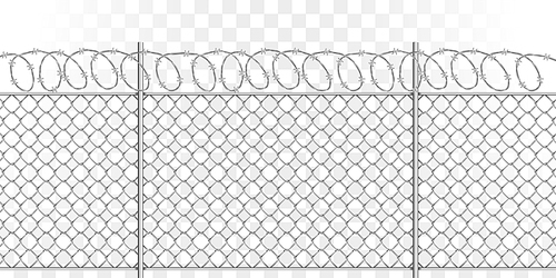 Metal mesh fence with steel spiral barbed wire with spikes, realistic vector illustration on transparent background. Fencing or barrier with doodle element for danger facilities or prisons