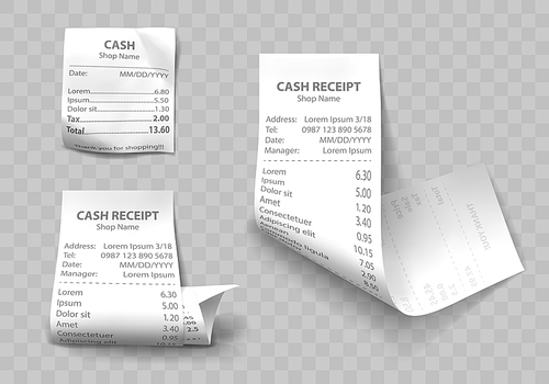 Shop cash receipt set of realistic isolated vector illustrations. Direct and curled paper payment bills with barcode, goods and their price, tax and total amount