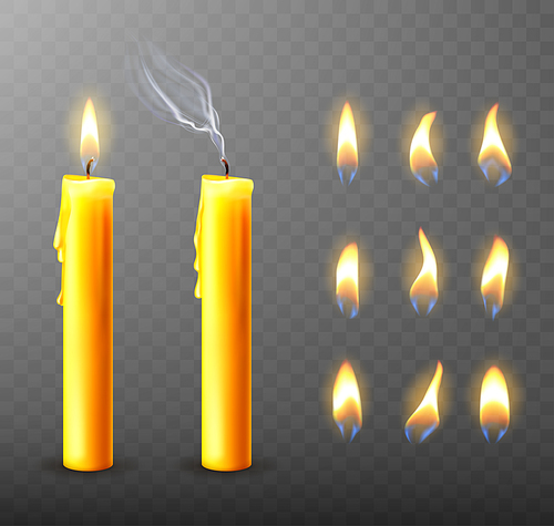 Burning candle with dripping or flowing wax, realistic vector illustration. Yellow candles with golden flame lit and extinguished with melted wax isolated on transparent. Church Christmas collection