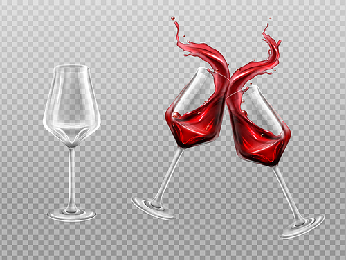 Wineglasses with red wine clink. Empty and full glasses with alcohol drink, liquid splashes and droplets mockup, vine beverage isolated on transparent background Realistic 3d vector illustration