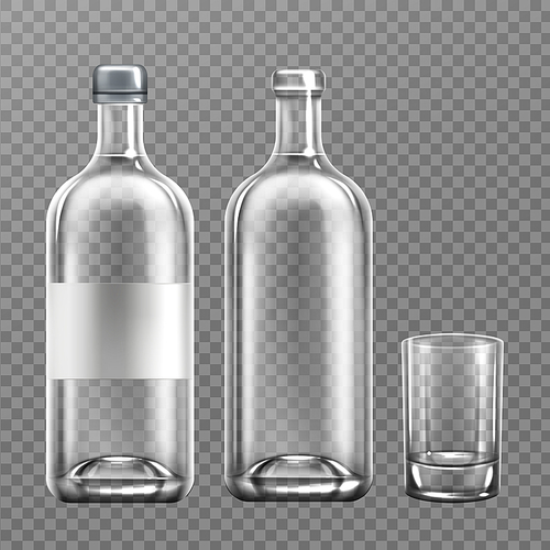 vodka glass bottle realistic vector illustration. open and closed cap alcohol packaging filled with clear liquid, with blank label, and empty  glass isolated on transparent , mockup