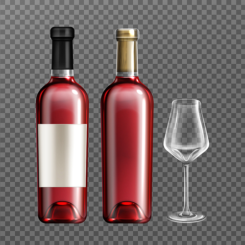 wine glass bottles with red liquid and empty  glass realistic vector illustration. clear winery bottle for alcohol, closed with cork, with blank paper label, isolated on transparent 