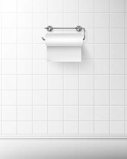 Toilet paper on metal roll holder hang on white ceramic tilled wall in modern bathroom, sanitary napkin in lavatory mockup background. Empty wc interior, hygiene care realistic 3d vector illustration