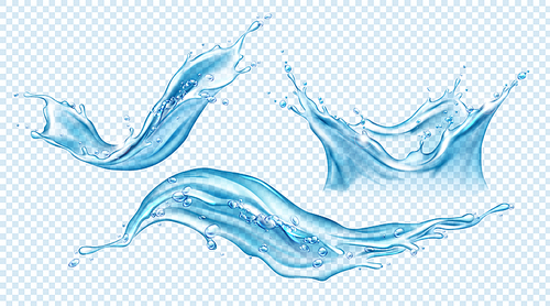 Water splash set. Aqua liquid in shape of crown and dynamic motion elements with spray droplets side view isolated on transparent background, hydration ad. Realistic 3d vector Illustration, clip art