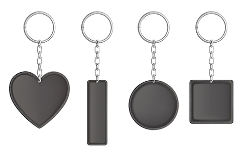 Leather keychain, holder trinket for key with metal chain and ring. Vector realistic template of black fob for car, home or office isolated on white . Blank accessory for corporate identity