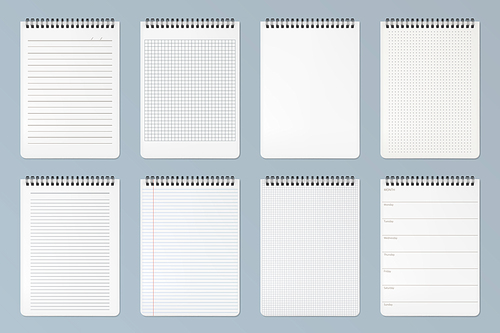 Notebooks sheets set. Lined, checkered and dots pages for memo pads and daily planner template notepad empty paper with binder iron spiral isolated on gray . Realistic 3d Vector illustration