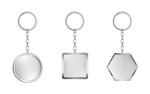 Keychains set. Metal round, square and hexagon keyring holders isolated on white . Silver colored accessories or souvenir pendants mock up. Realistic 3d vector illustration, icon, clip art