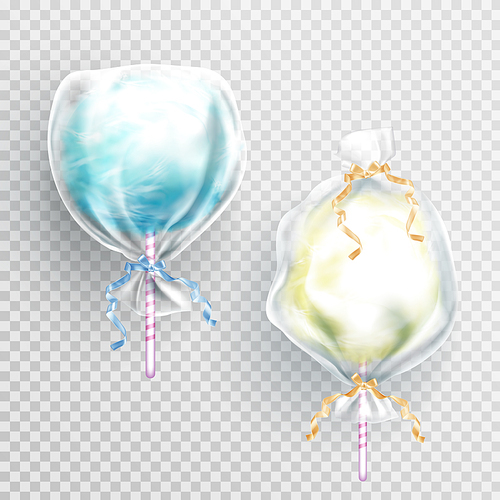 Cotton candy in package bag isolated on transparetn . Vector realistic set of blue and yellow sugar floss clouds in clear plastic wrapper with ribbons. Sweet fluffy snack on summer fair