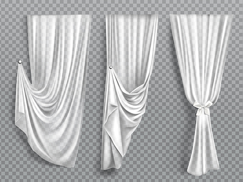 White window curtains set, folded cloth for interior decoration isolated on transparent . Soft lightweight clear material, fabric drapery of different forms. Realistic 3d vector illustration