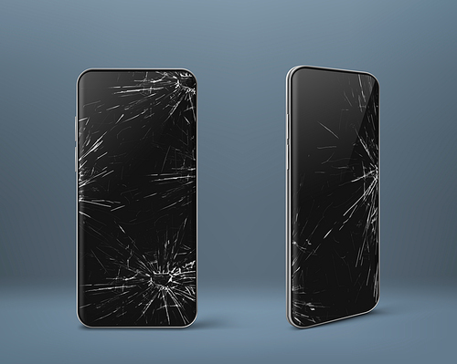 Mobile phone with broken screen set front and side view, smashed smartphone, shattered electronics device with black touchscreen covered with scratches and cracks, Realistic 3d vector illustration