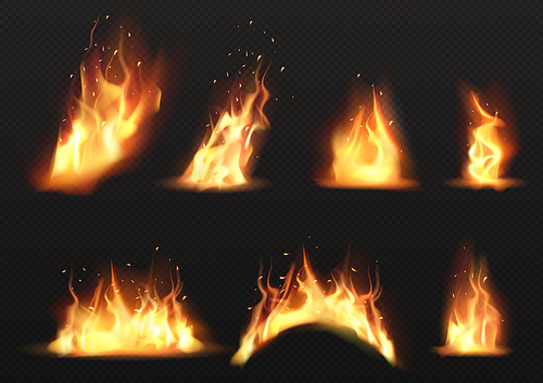 Realistic fire flames set isolated on transparent background. Vector mockup of ignite effect, bright burning blaze with smoke and sparks. Design elements of glowing yellow translucent fire flames