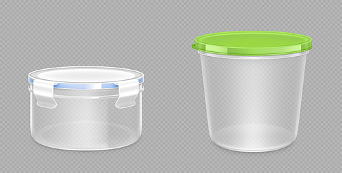 Round plastic food containers with clipping path and latch lock lids. Storage for frozen products, lunchbox for meal, package isolated on transparent background, Realistic 3d vector mock up, clip art