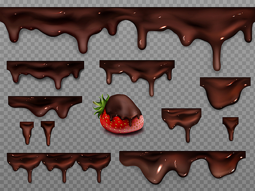 Dripping melted chocolate isolated on transparent background. Vector realistic set of drops, splash and flow of cocoa cream. Strawberry in dark liquid chocolate