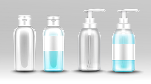 Plastic bottle with dispenser pump for liquid soap, antibactrial gel, sanitizer or cosmetic product. Vector realistic mockup of transparent package empty and full of antiseptic cleanser