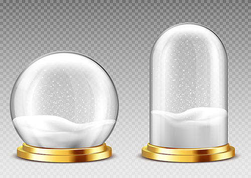 Realistic snow globe and dome, christmas souvenir isolated on transparent , glass containers on golden base. Festive design element, xmas gift mock up. Realistic 3d vector clip art, icon set