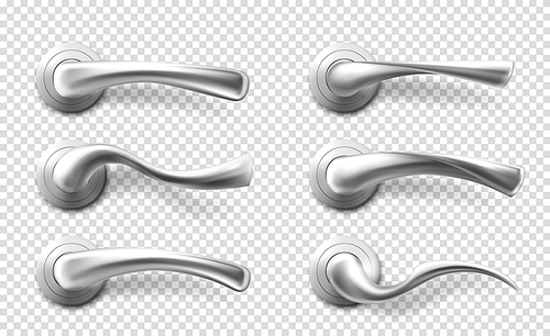 Metal door handles for room interior in office, home or hotel. Vector realistic set of silver doorknob, modern chrome lever handles in different shapes isolated on transparent background