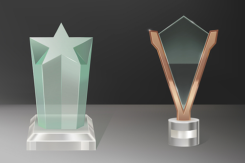 glass trophy, transparent winner award with star shape crystal and plate in brass . vector realistic blank clear acrylic prizes to best film, achievement, sport victory or academy success.