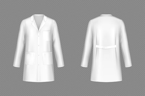White doctor coat, medical uniform isolated on transparent . Vector realistic mock up of lab costume front and back view. Clothes for medicine profession, nurse suit, physician robe