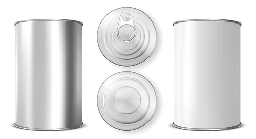 Tin can with ring pull side, top bottom view set. Cylinder food metal jar with lid, open key Silver colored aluminium canister for preserves isolated on white , Realistic 3d vector icon