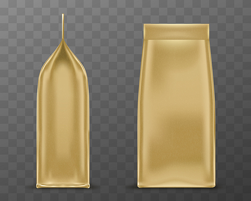 Golden doy pack, pouch paper or foil bag side and front view. Sachet with clip isolated on transparent background. Food or cosmetics product blank package mock up. Realistic 3d vector illustration