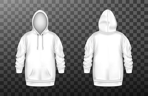 Hoody, white sweatshirt mock up front and back view set. Isolated hoodie with long sleeves, kangaroo muff pocket and drawstrings. Sport, casual or urban clothing fashion, Realistic 3d vector mockup