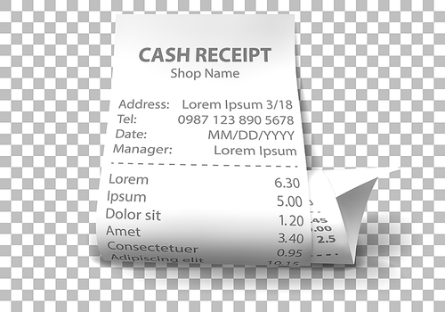 Shop receipt set of realistic isolated vector illustrations. Curled paper payment bills with barcode, goods and their price, tax, Vat and total amount