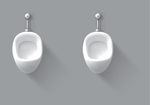 Ceramic urinal in male toilet. Vector realistic empty interior of public restroom for men with white pissoir hanging on gray wall with shadow. Minimalistic illustration of washroom, lavatory, WC