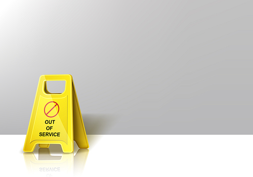 Caution yellow warning sign with out of service inscription stand on white floor front of empty grey wall background, banner for broken lifts or elevators in hall, realistic 3d vector illustration