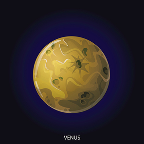 Planet Venus 3D cartoon vector illustration. Spherical planet with gray illuminated surface with craters and relief isolated on dark blue cosmic background