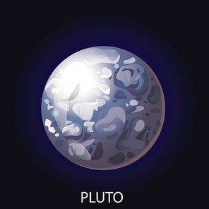 Planet Pluto 3D cartoon vector illustration. Spherical planet with gray illuminated surface with craters and relief isolated on dark blue cosmic background