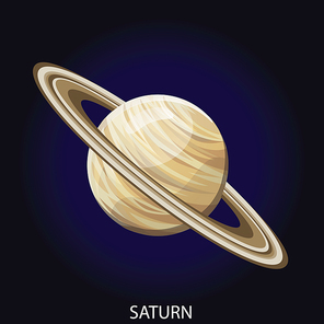 Planet Saturn 3D cartoon vector illustration. Spherical planet with illuminated surface, relief and gas rings isolated on dark blue cosmic background