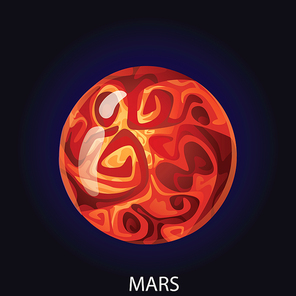 Planet Mars 3D cartoon vector illustration. Spherical red planet with illuminated surface with craters and relief isolated on dark blue cosmic background