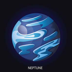 Planet Neptune 3D cartoon vector illustration. Spherical blue planet with illuminated surface with relief isolated on dark blue cosmic background