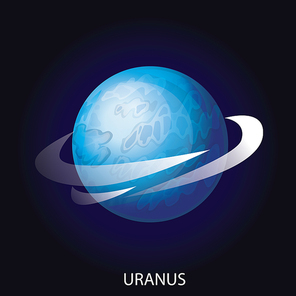 Planet Uranus 3D cartoon vector illustration. Spherical blue planet with illuminated surface with relief and gas rings isolated on dark blue cosmic background