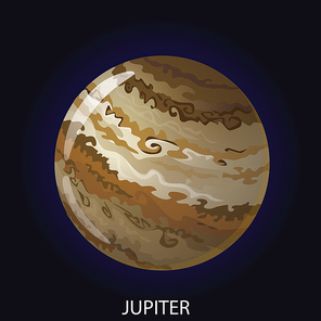 Planet Jupiter 3D cartoon vector illustration. Spherical brown planet with illuminated surface with relief isolated on dark blue cosmic background