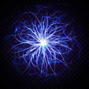 Electric ball or plasma sphere, realistic vector illustration. Abstractt ball lightning with burning rays or powerful electric discharges isolated on black background. Magical energy design element