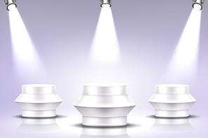 Podium with spotlight illumination, empty round stage for award ceremony, product presentation platform, fashion show performance pedestal, dance floor in nightclub. Realistic 3d vector illustration