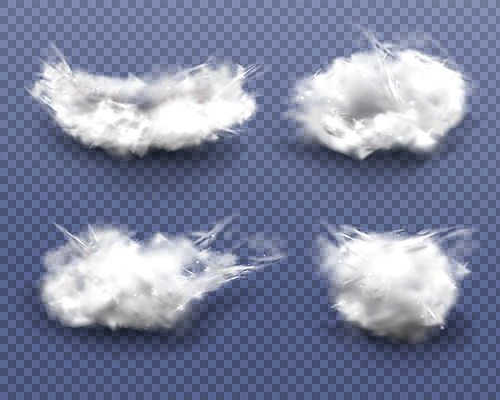White clouds in blue transparent background. Vector realistic fluffy different shapes cirrus and cumulus clouds in clean heaven in summer or spring day. Sunny clear weather