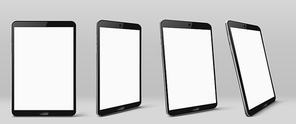 Tablet computer with white screen and black frame. Vector realistic mockup of modern smart gadget with blank digital display front and perspective view isolated on gray 