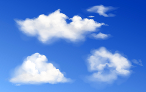 White clouds in blue sky. Vector realistic fluffy different shapes clouds in clean heaven in summer or spring day. Sunny clear weather